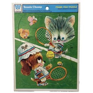 Vintage 1982 Whitman Tennis Champ Frame-Tray Puzzle Cat Dog 4511C Retro Kids